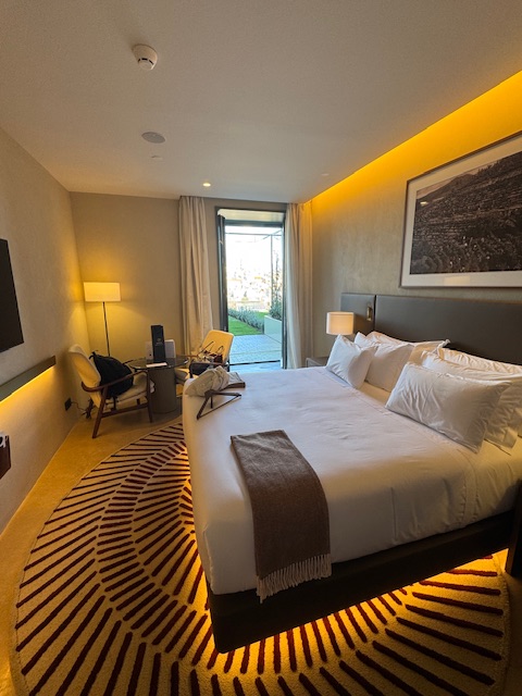 The small garden visible through the door